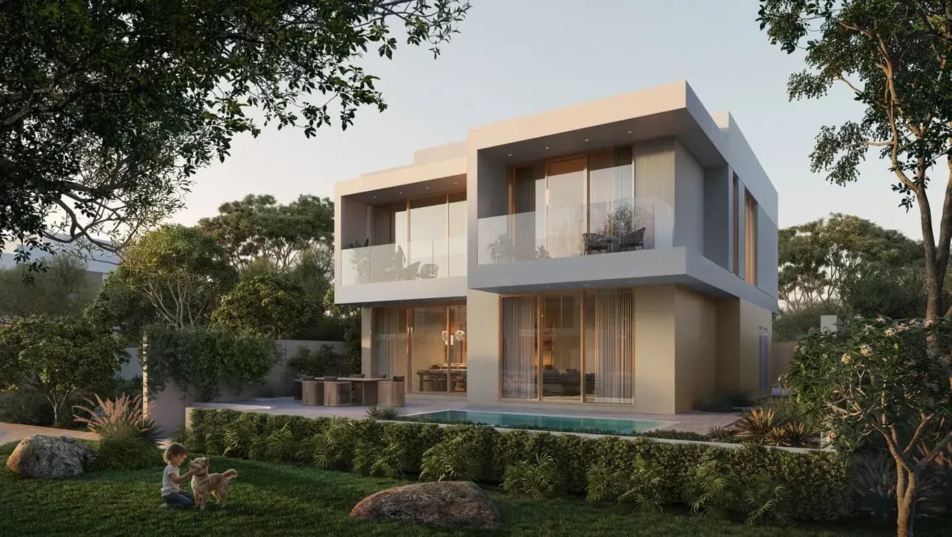 Villa backyard with pool, patio dining and garden at Y Views at Bayn, Ghantoot, between Abu Dhabi and Dubai