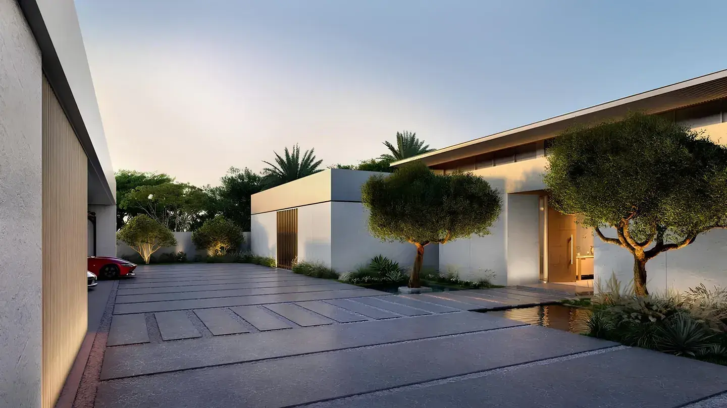 Villa entrance approach with paved driveway at Y Views at Bayn, Ghantoot, between Abu Dhabi and Dubai