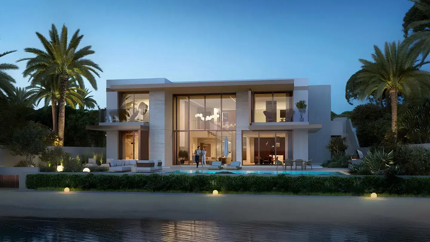 Villa exterior with private pool at dusk at Y Views at Bayn, Ghantoot, between Abu Dhabi and Dubai