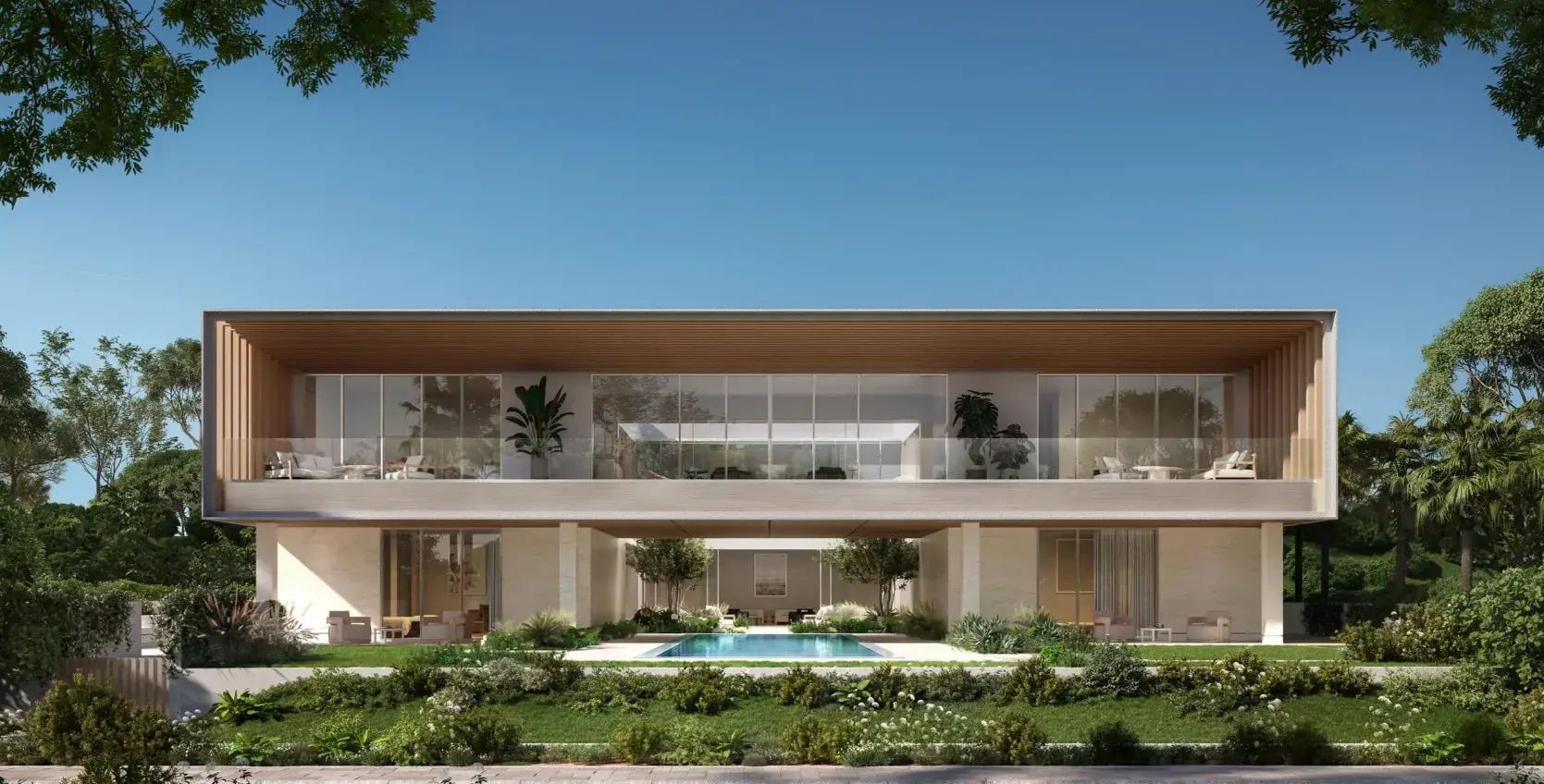 Two-storey villa facade with a central private pool at Y Views at Bayn, Ghantoot, between Abu Dhabi and Dubai