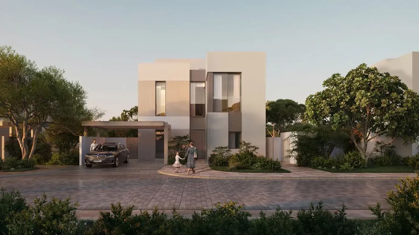 Villa front elevation with driveway and entrance at Y Views at Bayn, Ghantoot, between Abu Dhabi and Dubai