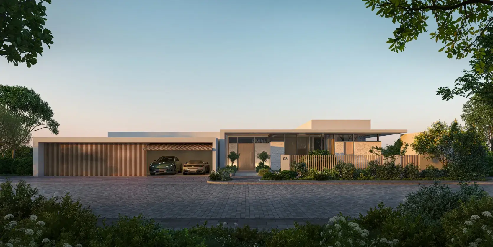 Villa front facade with open garage at Y Views at Bayn, Ghantoot, between Abu Dhabi and Dubai