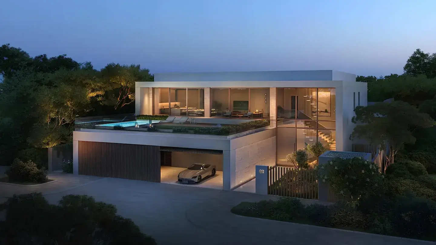 Villa night exterior with rooftop pool terrace at Y Views at Bayn, Ghantoot, between Abu Dhabi and Dubai