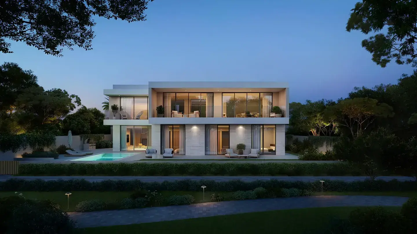 Villa rear facade with pool and terrace at dusk at Y Views at Bayn, Ghantoot, between Abu Dhabi and Dubai
