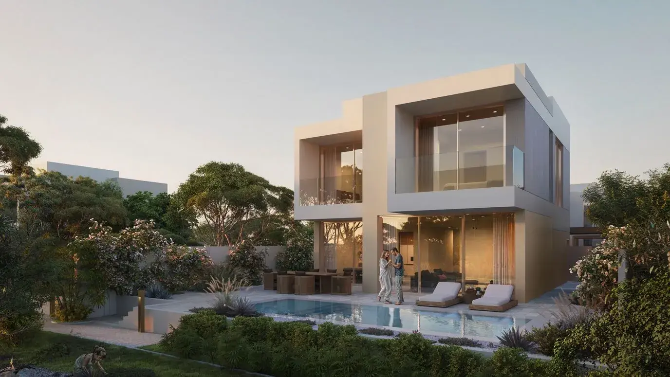 Two-storey villa rear with private pool and patio at Y Views at Bayn, Ghantoot, between Abu Dhabi and Dubai