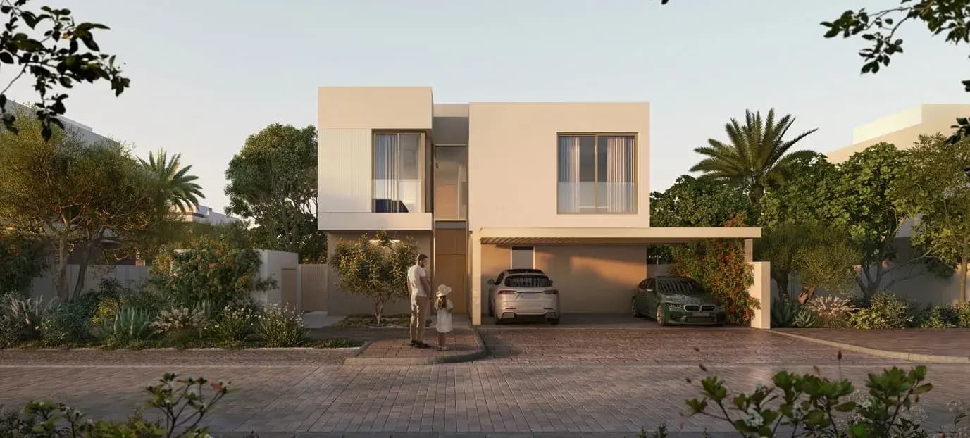 Villa street front with covered carport at Y Views at Bayn, Ghantoot, between Abu Dhabi and Dubai