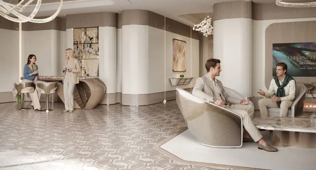 Retro-style clubhouse at Fleurs de Jardin with swimming pools and fitness studio, Meydan Dubai