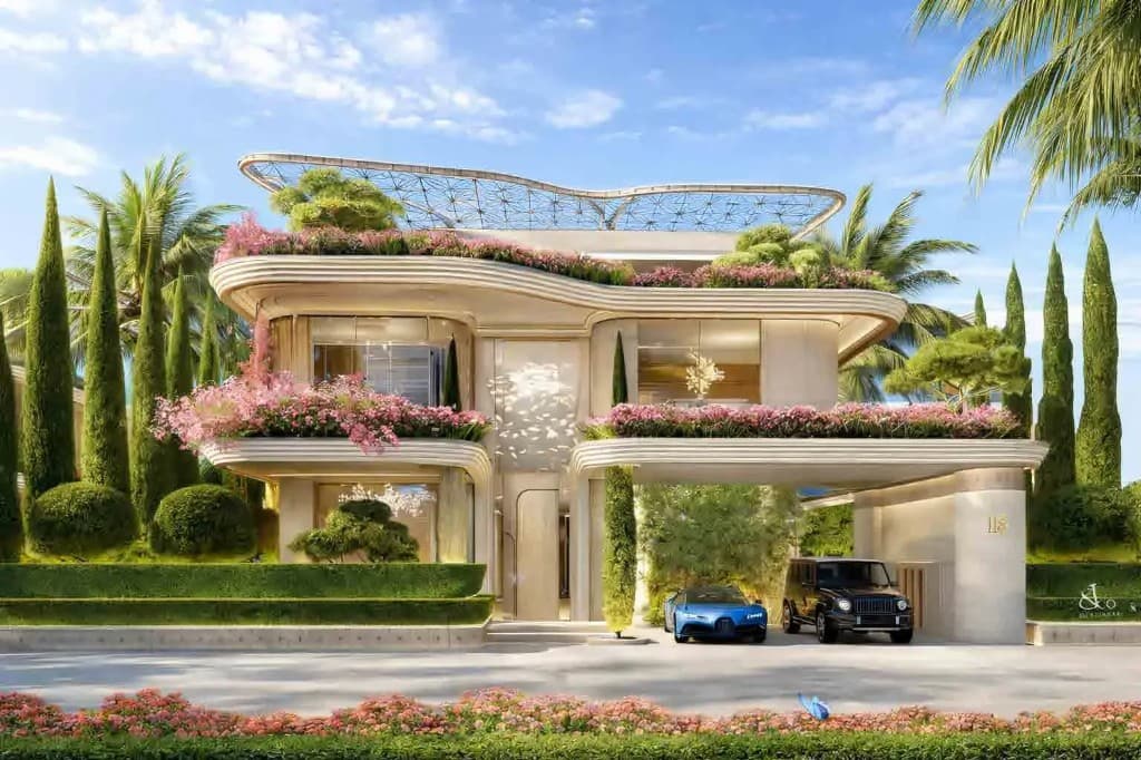 Fleurs de Jardin 5-bedroom villa exterior render showing curved organic facade and landscaped garden in Meydan District 11, Dubai