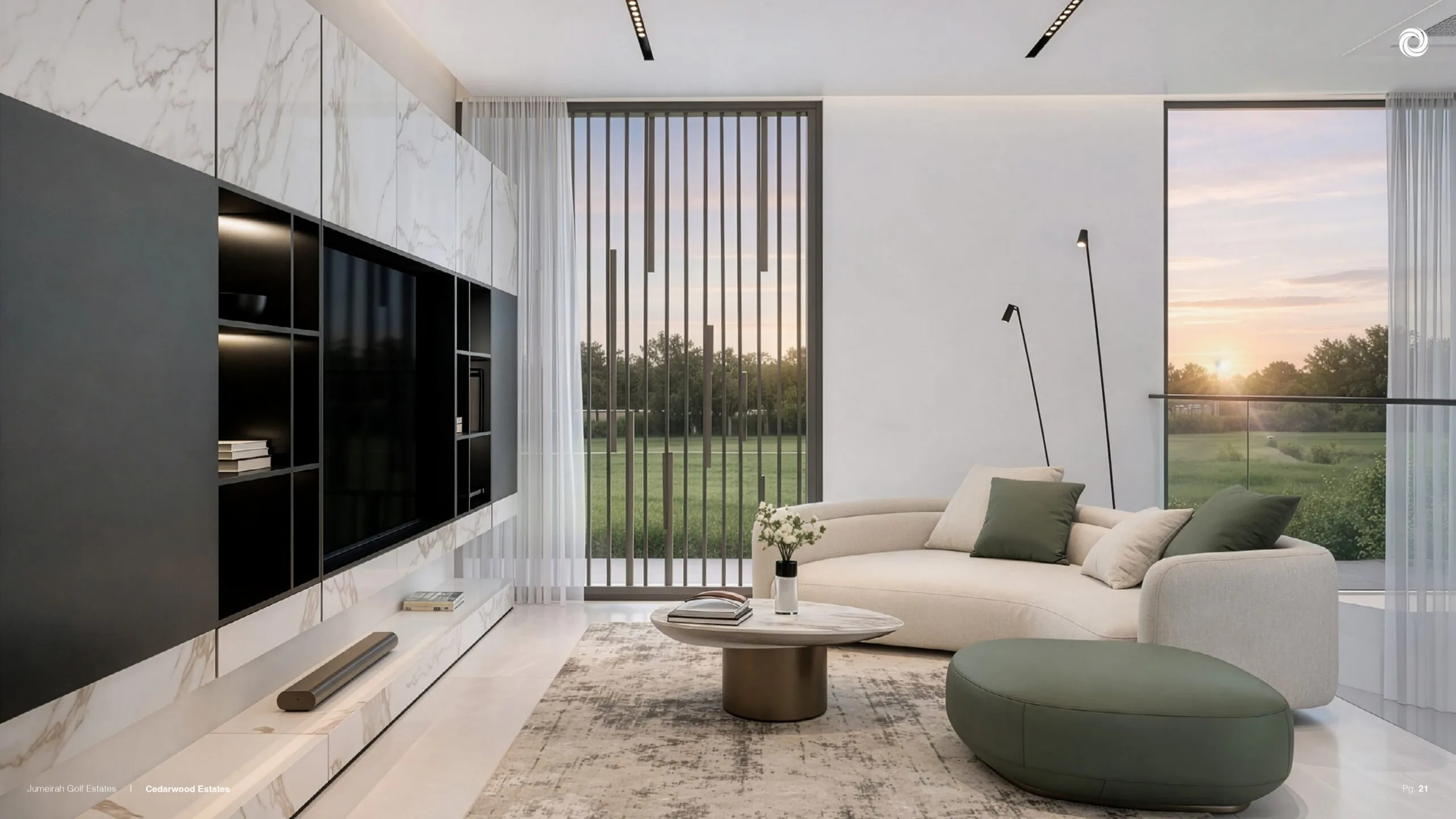 Cedarwood Estates villa exterior with golf course views at Jumeirah Golf Estates