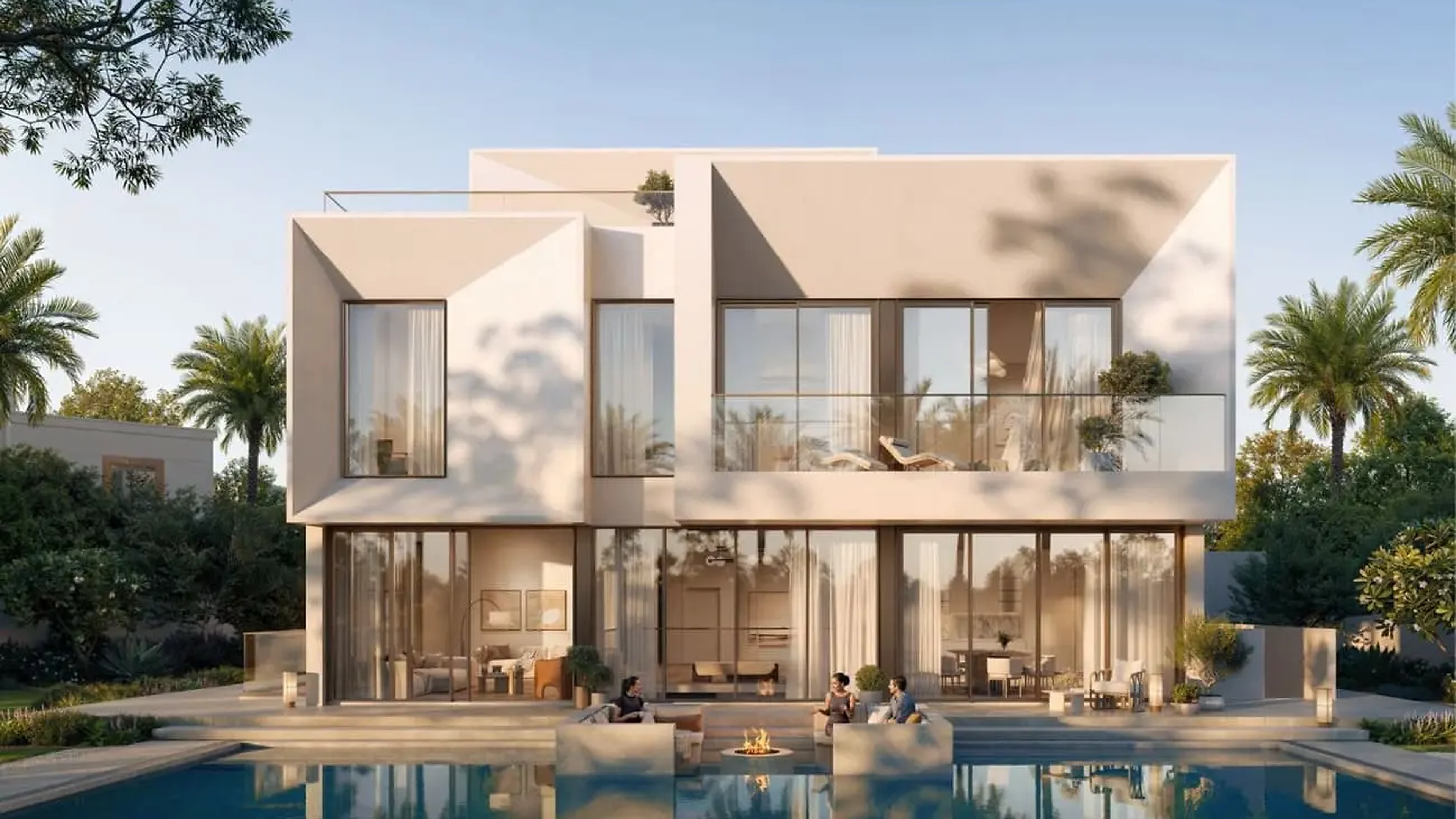 Palace Villas Ostra rear exterior with pool and fire pit lounge